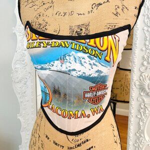 New York Couture Reworked Harley Davidson Mountain Motorcycle Corset Top
